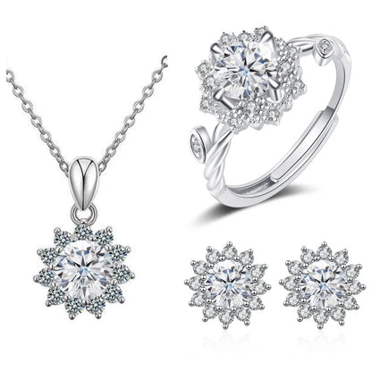 S925 Sterling Silver Stud Earrings & Pendant Set | 1 Carat Moissanite Necklace | Classic Sunflower Design | Perfect Valentine’s Day Gift Serafina