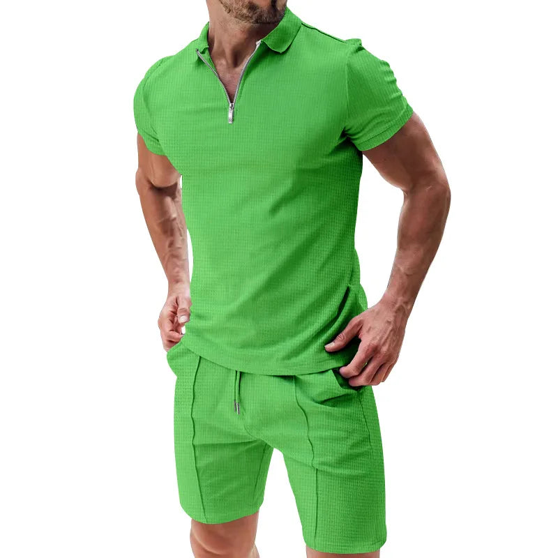 Men's Summer Polo Shirt Set | Solid Color Waffle Short-Sleeve Slim Lapel T-Shirt & Casual Outfit Carlo