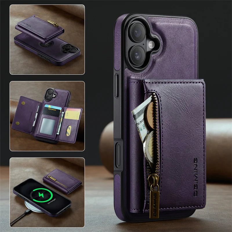 Premium Luxury Zipper Wallet Phone Case | 2-in-1 Detachable Case with Multi-Card Slots for iPhone 16, 15, 14 Pro Max