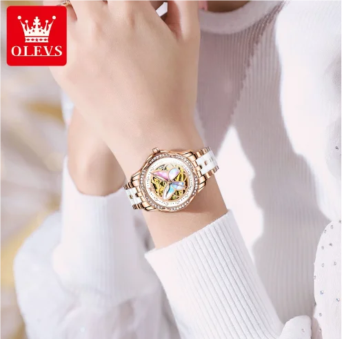 OLEVS 6615 Women's Diamond Mechanical Watch – Butterfly Hollow Design, Waterproof, Luxury Ladies Timepiece