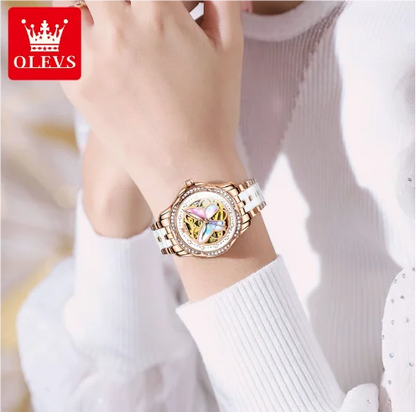 OLEVS 6615 Women's Diamond Mechanical Watch – Butterfly Hollow Design, Waterproof, Luxury Ladies Timepiece
