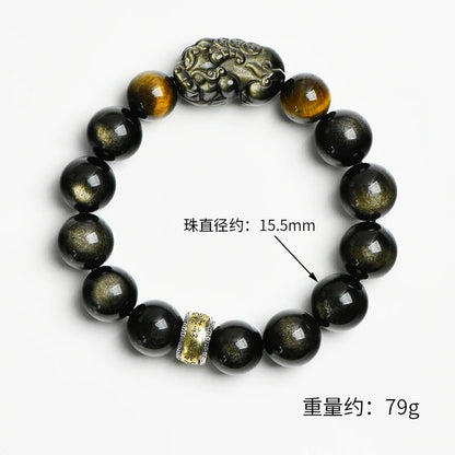 Fortune Feng Shui Gold Obsidian Pixiu Beads Bracelet – Stainless Steel Lucky Amulet Jewelry