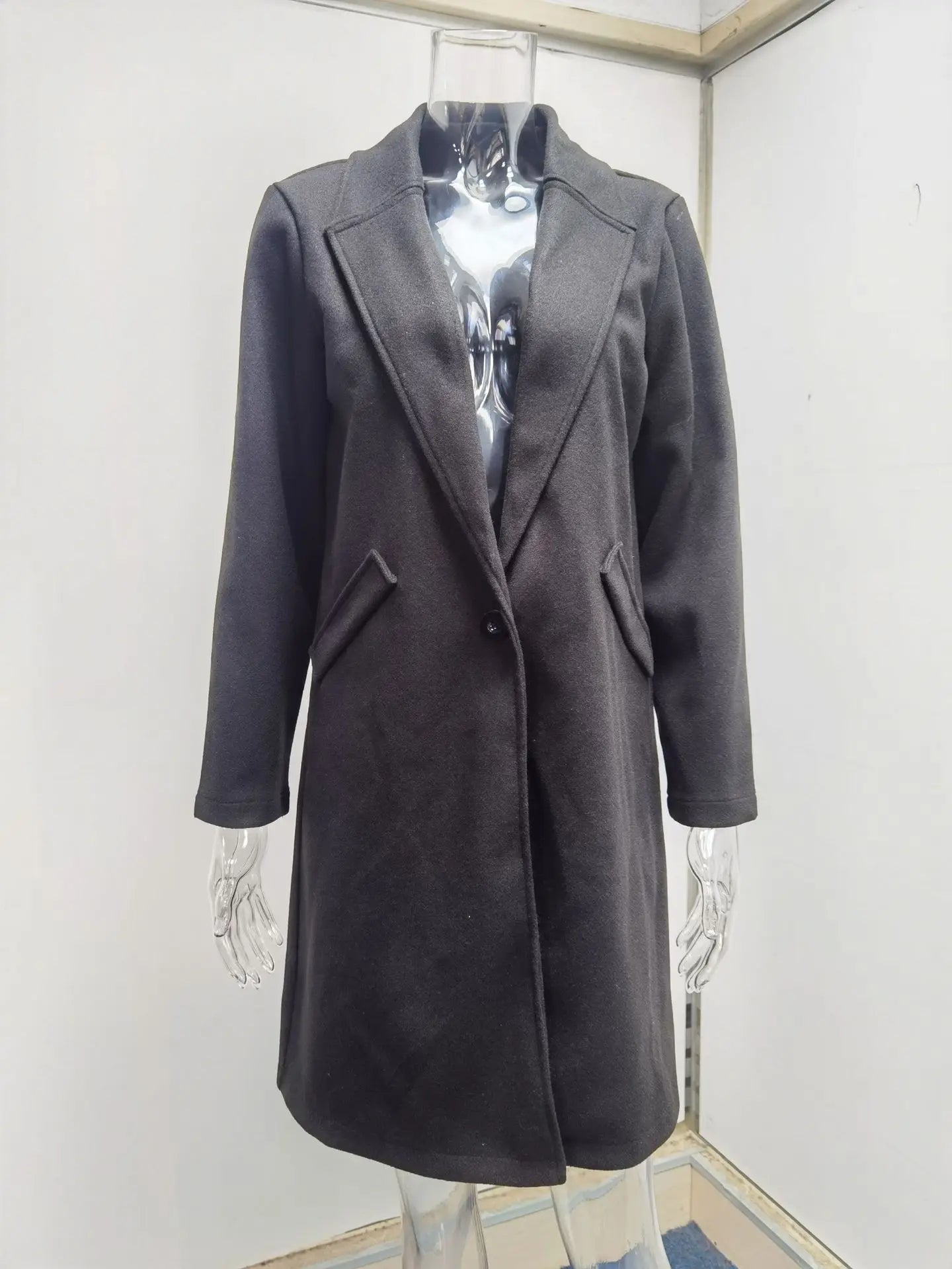 Women's Solid Color Woolen Coat - Lapel Button Mid-Length Autumn & Winter, Office Wear Cathy