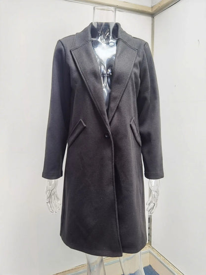 Women's Solid Color Woolen Coat - Lapel Button Mid-Length Autumn & Winter, Office Wear Cathy