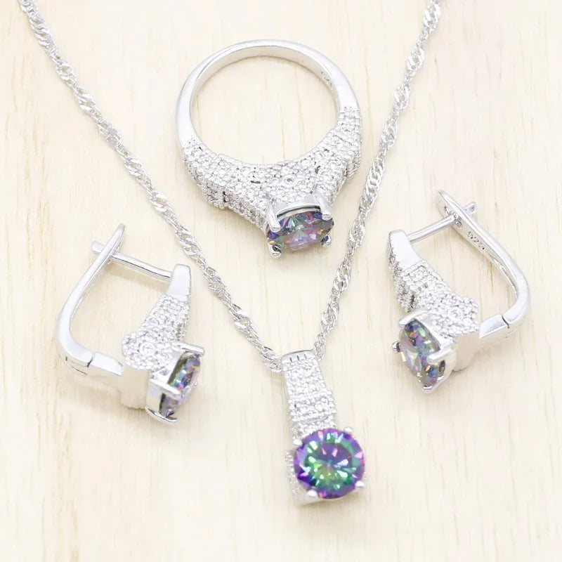 Trendy 925 Sterling Silver Jewelry Set – Luxury Rainbow Cubic Zircon Earrings & Pendant Necklace | Classic Bridal Wedding & Party Design Lucille