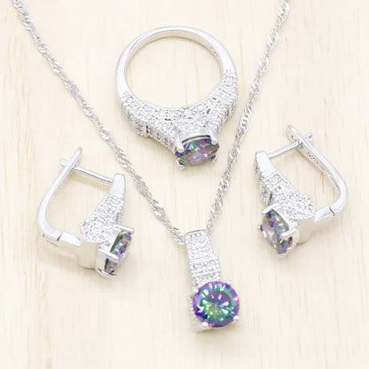 Trendy 925 Sterling Silver Jewelry Set – Luxury Rainbow Cubic Zircon Earrings & Pendant Necklace | Classic Bridal Wedding & Party Design Lucille