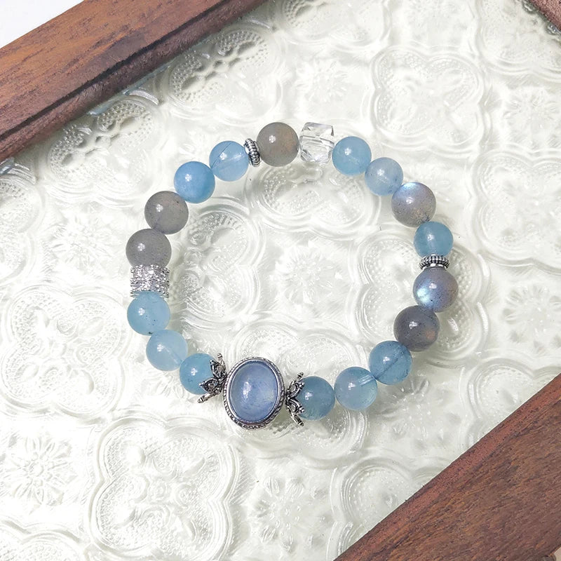 Trendy Spiritual Gem Bracelet – Aquamarine, Gray Moonstone, Clear Quartz for Calm, Intuition & Chakra Balancing