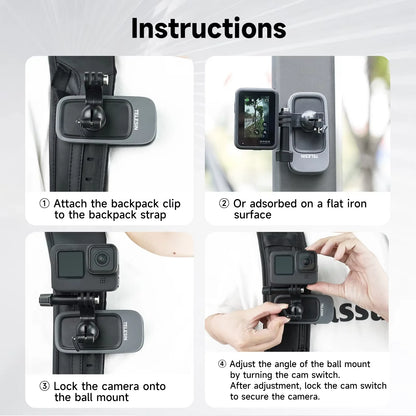 TELESIN 360° Rotating Magnetic Backpack Clip Mount | Clamp Holder for GoPro Hero 12-6, Insta360, DJI Action Cameras