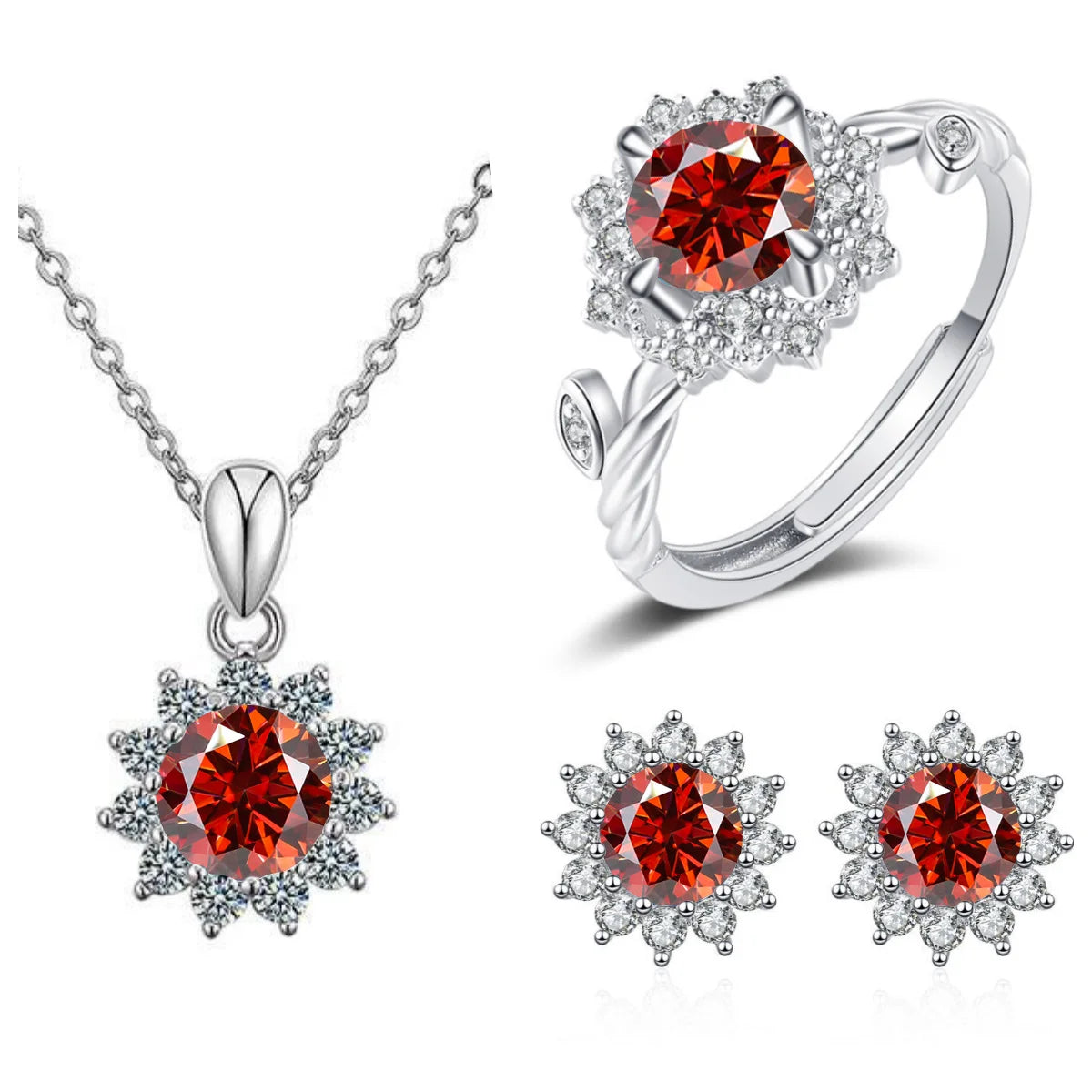 S925 Sterling Silver Stud Earrings & Pendant Set | 1 Carat Moissanite Necklace | Classic Sunflower Design | Perfect Valentine’s Day Gift Serafina