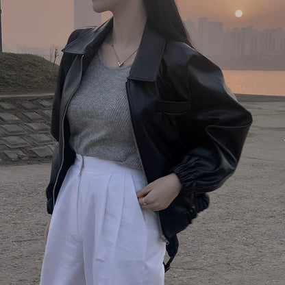 Women's PU Leather Polo Jacket – Loose Fit Casual Solid Color Long Sleeve Top Tally