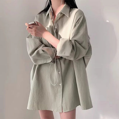 Summer Loose Fit Women's Long Sleeve Shirt – Polo Collar, Single-Breasted, Solid Color Design
