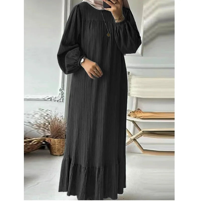 Women's Robe Dress – Spring & Autumn Fashion, Long Sleeve Ruffle Abaya, Casual A-Line Mid-East Style