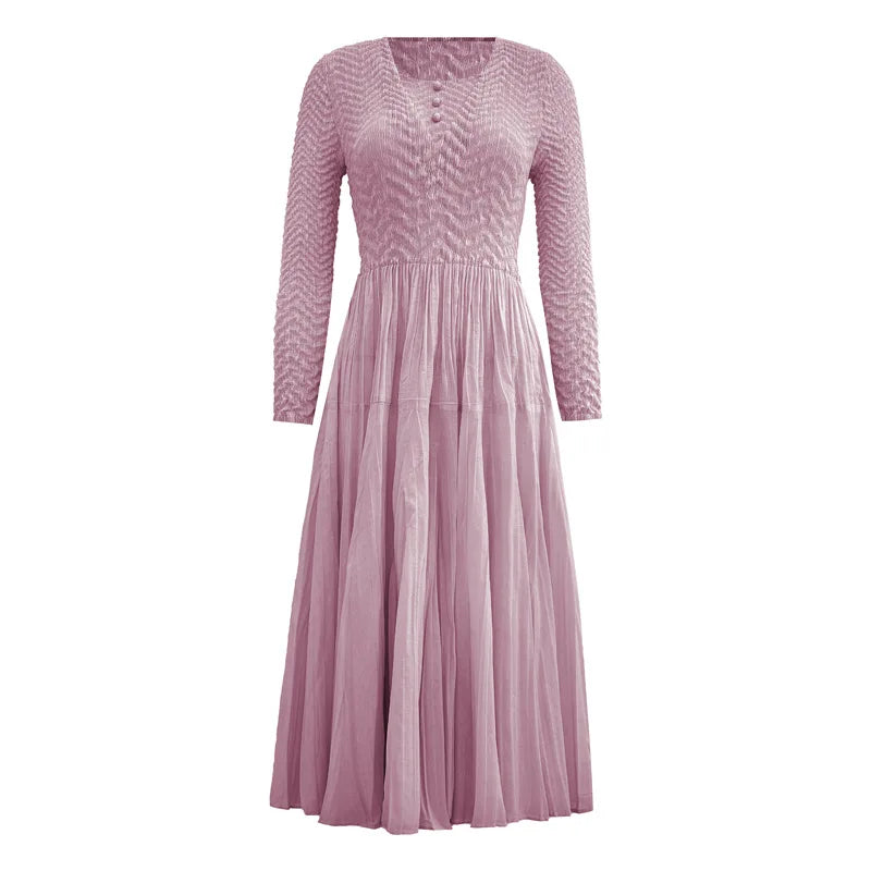 Smocked Dress Casual Slim Fit Long Sleeve Embossed Pleated Elegant Dress