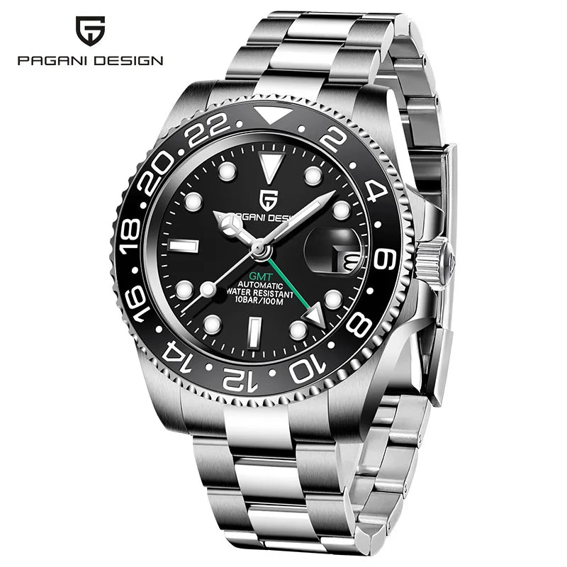 PAGANI DESIGN PD‑1662 Men’s GMT Automatic Mechanical Watch | Sapphire Glass, Stainless Steel, 100M Waterproof Luxury Timepiece