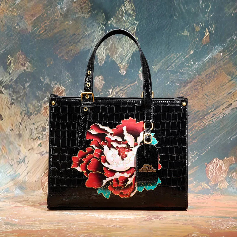Women's Square Tote Handbag with Fashionable Floral Print, Adjustable Handle, and Zipper Closure Caterina