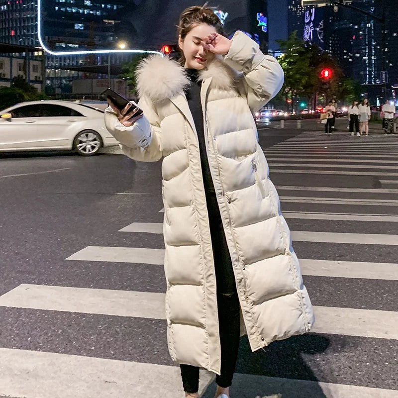 Women's Winter Over-Knee Long Coat - Loose Hooded Parka with Detachable Fur Collar, Thick Warm Cotton-Padded Jacket, Outerwear Jeanne