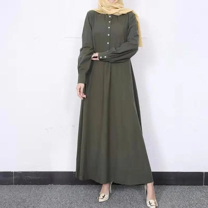 Long Sleeve Retro Ethnic Abaya with Buttons | Elegant Muslim Dress for Women Amira