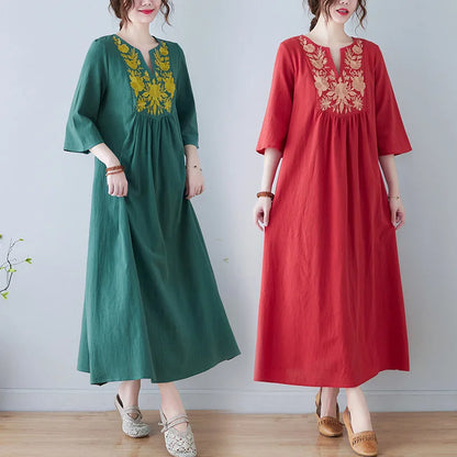 Women's Ethnic-Style V-Neck Embroidered Dress – Loose-Fit, 3/4 Sleeves, Mid-Length Summer Fashion