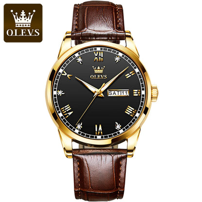 OLEVS 6896 Genuine Leather Strap, Quartz Movement, Waterproof Design