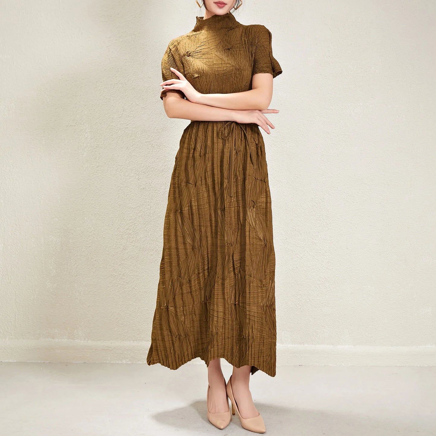Women's Elegant Pleated Maxi Dress | Miyake Style with Belt, Breathable & Heat-Resistant Design Viviene