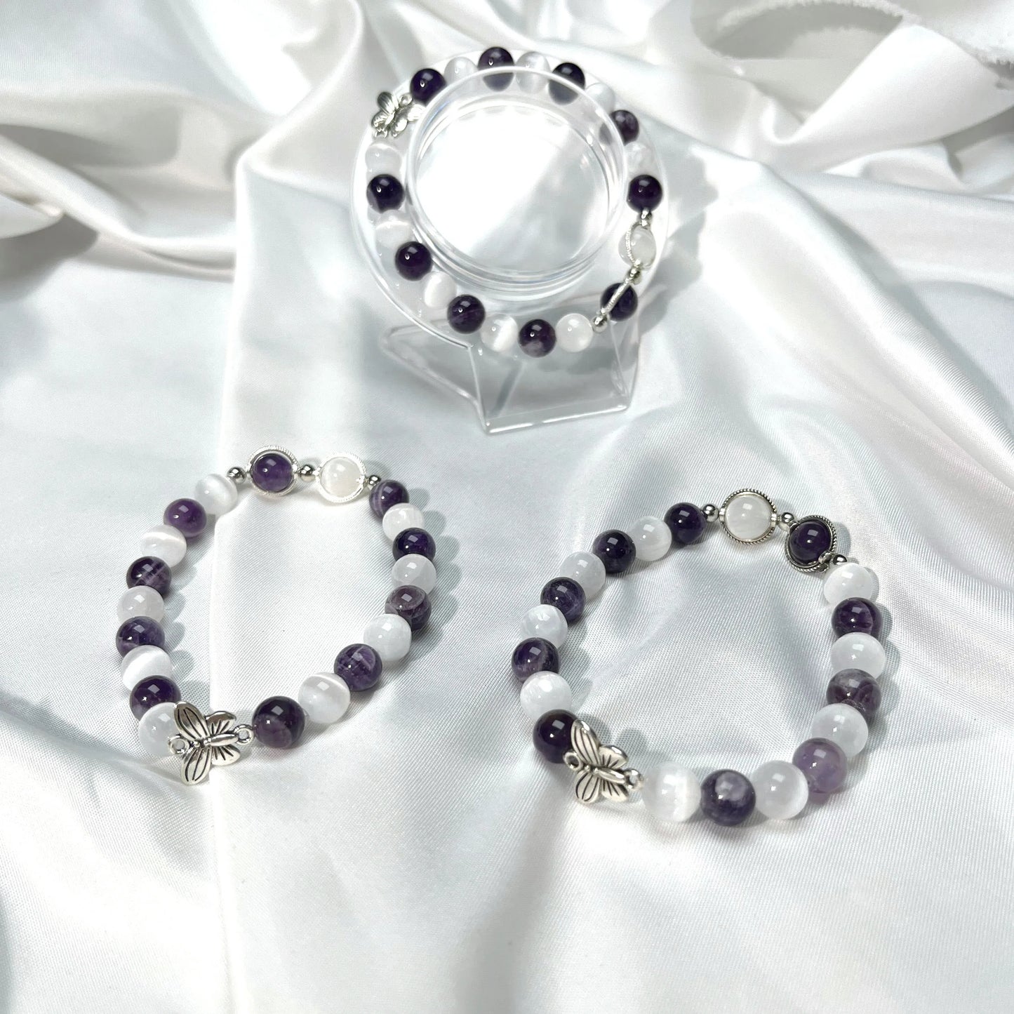 Lucky Beads Amethyst & Selenite Natural Energy Gemstone Bracelet – Healing Crystals Jewelry Gift for Women