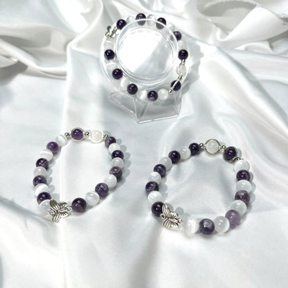 Lucky Beads Amethyst & Selenite Natural Energy Gemstone Bracelet – Healing Crystals Jewelry Gift for Women