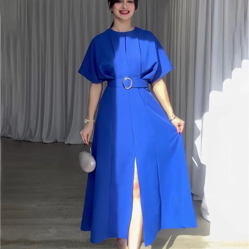 Women's Summer Slim Fit Dress – Solid Color Round Neck Short Sleeve Fashionable Casual Style Monique