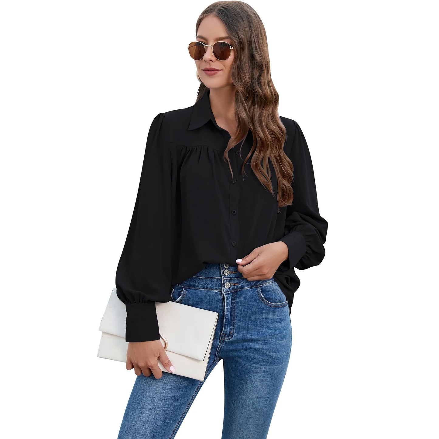 Women's Pleated Chiffon Shirt - Long-Sleeve Top Shaira