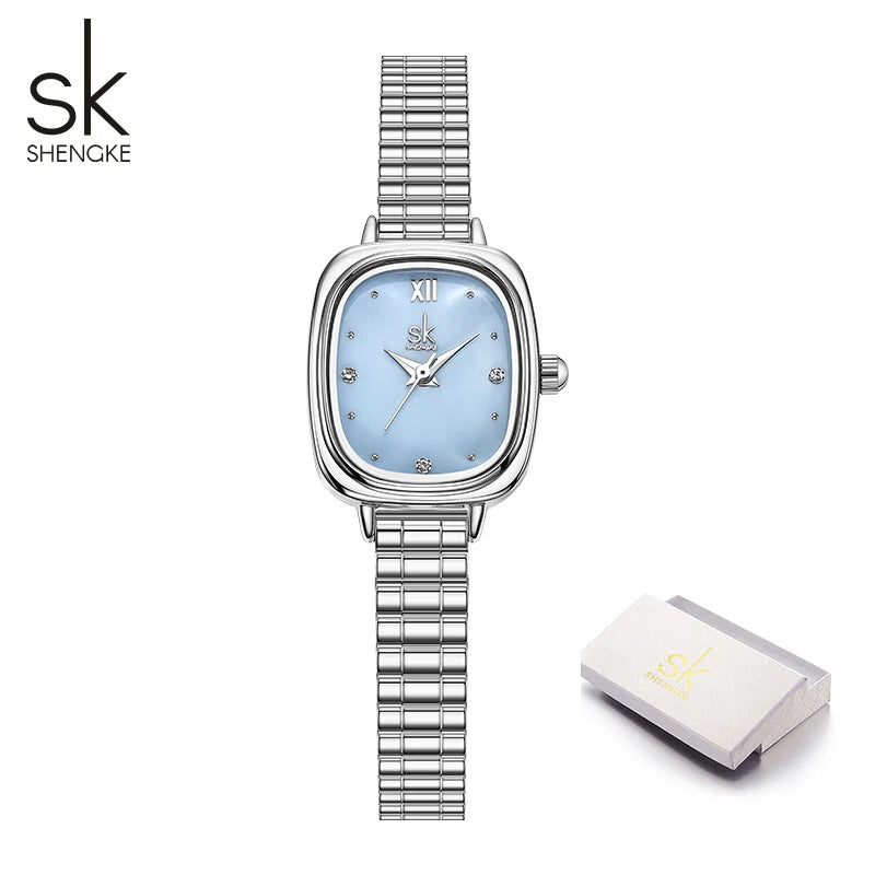 Shengke Women's Luxury Pink Pearl Dial Watch – Elegant Square Case Quartz Wristwatch, Minimalist Ladies Gift for Women