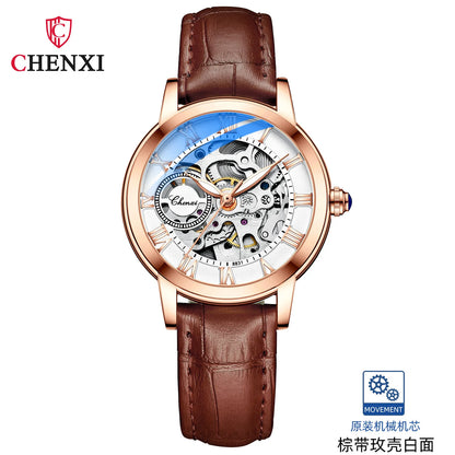 CHENXI 8831 Women’s Casual Rose Gold Skeleton Watch – Fully Automatic Mechanical Wristwatch with Luminous Steel Band