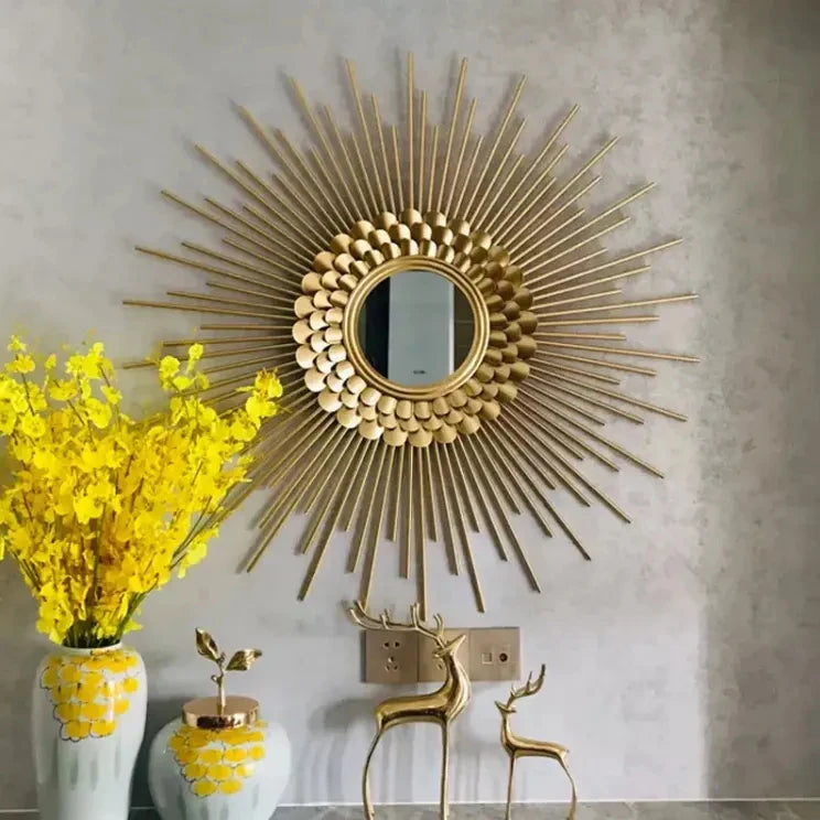 Sunburst Round Gold Frame Wall Mirror – Metal Art for Living Room Background and Home Decor