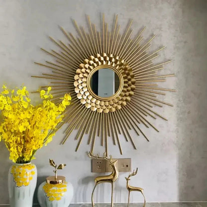Sunburst Round Gold Frame Wall Mirror – Metal Art for Living Room Background and Home Decor