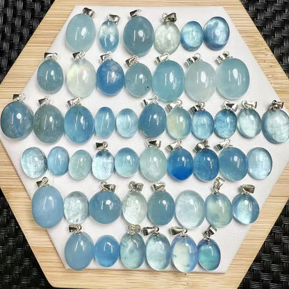 Natural Aquamarine Pendant – Oval Semi-Precious Stone Crystal Charm Jewelry with 925 Sterling Silver Buckle