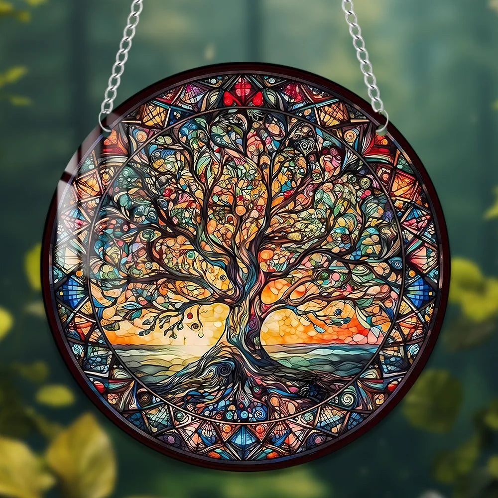 Tree of Life Suncatcher – 15cm Round Dyed Acrylic Window Hanging with Metal Chain, Peaceful Home Decor Gift