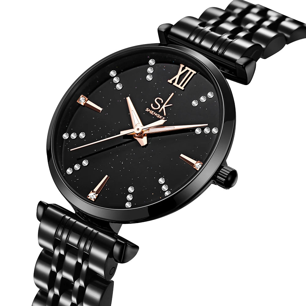 Shengke Women’s Stainless Steel Watch – Black Waterproof Quartz Wristwatch for Easy Matching Prudence