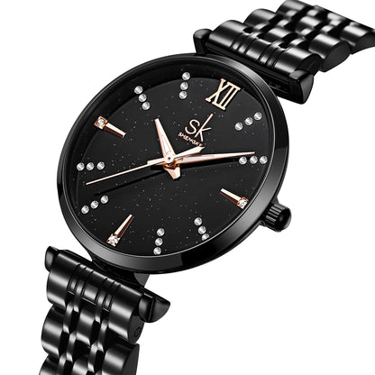Shengke Women’s Stainless Steel Watch – Black Waterproof Quartz Wristwatch for Easy Matching Prudence