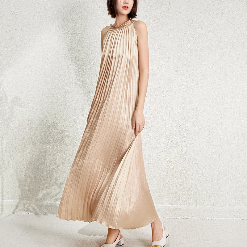 Women's Halter Neck Sleeveless Dress | Metallic Polyester Flowing Pleated Beach Tank Dress Juliette