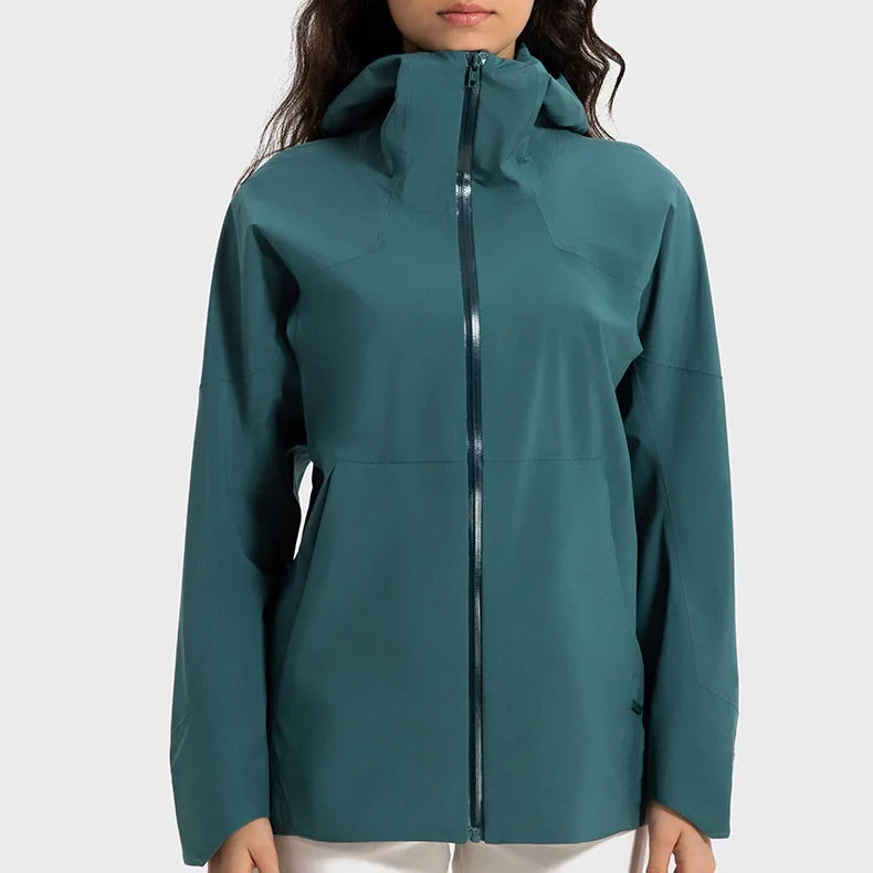 Women's Windproof Waterproof Hooded Jacket – Zip-Up High Neck Outdoor Jacket for Hiking, Climbing, and Adventure with Pockets Jackie
