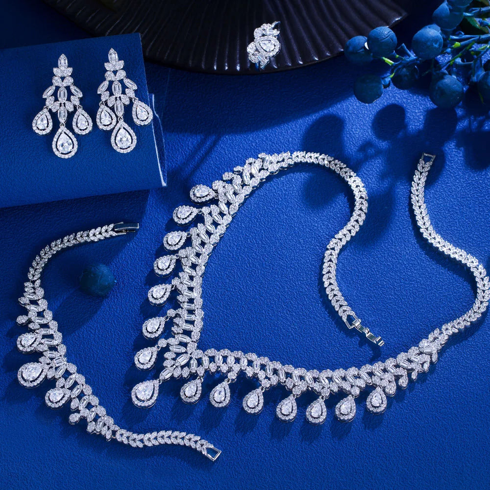 4pcs Luxury Cubic Zirconia Tassel Jewelry Set for Women – Big Necklace, Earrings, Bracelet & Ring | Bridal Wedding Jewelry Anne-Claire