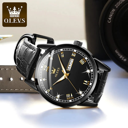 OLEVS 6896 Genuine Leather Strap, Quartz Movement, Waterproof Design