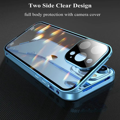 Magnetic 360° Full Cover Metal Frame Phone Case | Double-Sided Tempered Glass HD Cover for iPhone 15, 14, 13 Pro Max