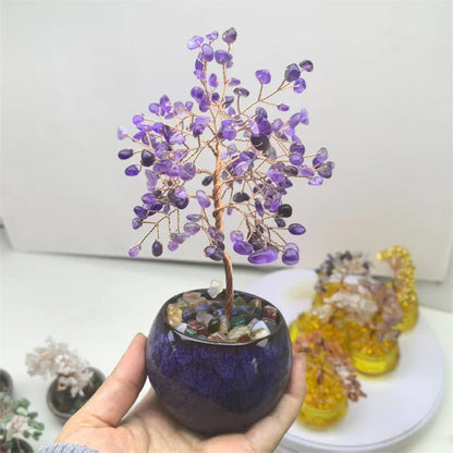 Natural Healing 7 Chakra Quartz Crystal Money Tree – DIY Ornaments with Copper Wire and Ceramic Bowl Base