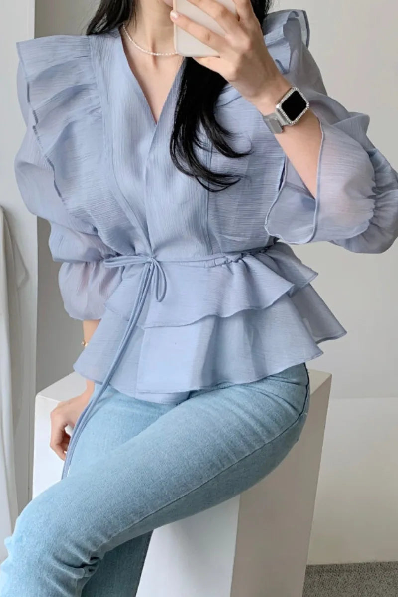 Spring and Summer Women's V-Neck Blouse – Tie Ruffle Design, Flared Sleeves, Solid Color