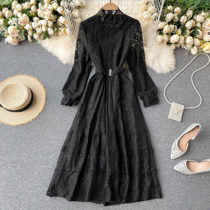 Women's Fall Winter Long-Sleeve Lace Midi Dress – Elegant Hollow-Out Design with Stand Collar and Empire Waist