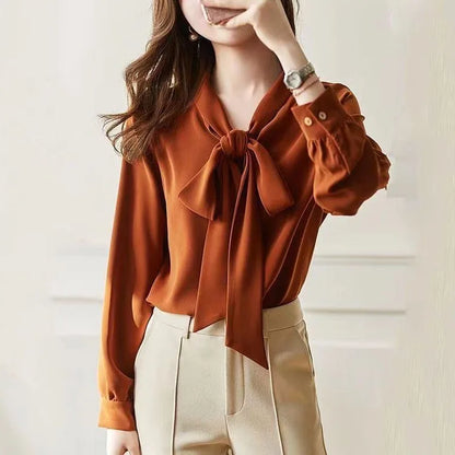 Women's Solid Color Bow Tie Blouse - Long Sleeve Casual Shirt, High-Quality Pullover Top