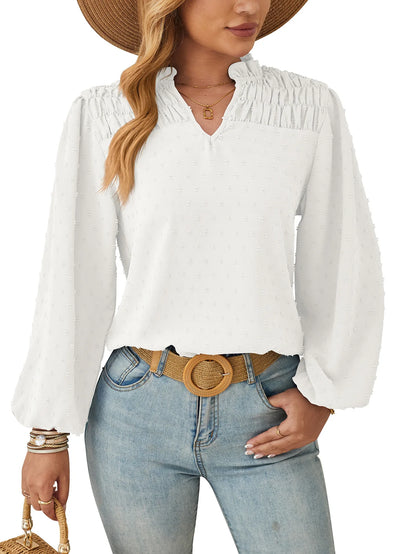 Women's Long Sleeve Chiffon Blouse – Pleated Woven Jacquard Shirt