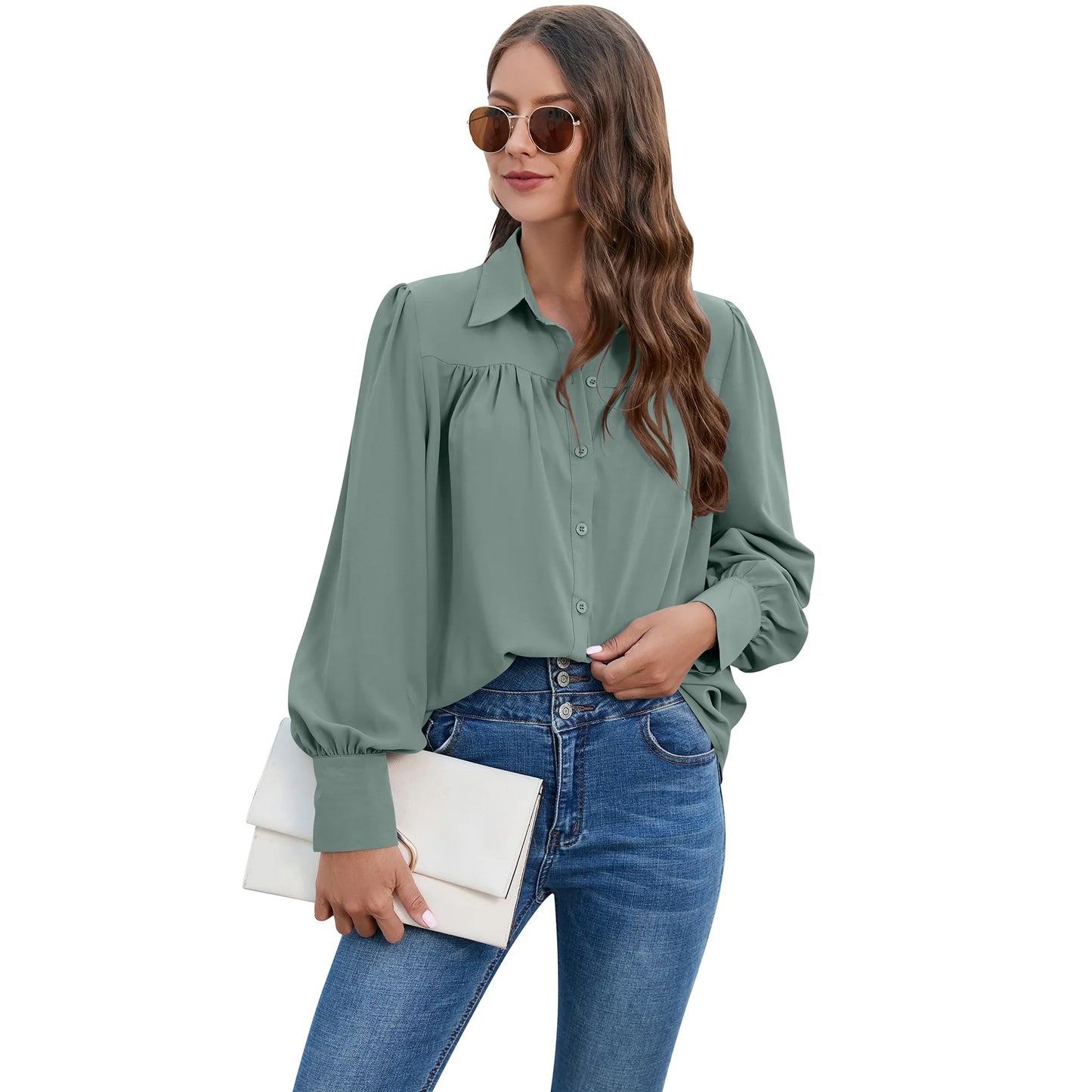 Women's Pleated Chiffon Shirt - Long-Sleeve Top Shaira