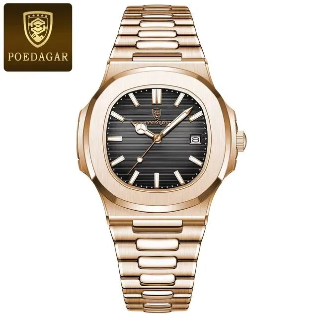 POEDAGAR 613 Men's Luxury Gold Watch – Fashion Square Quartz Business Watch with Stainless Steel, Waterproof, Luminous, and Date Display Thierry