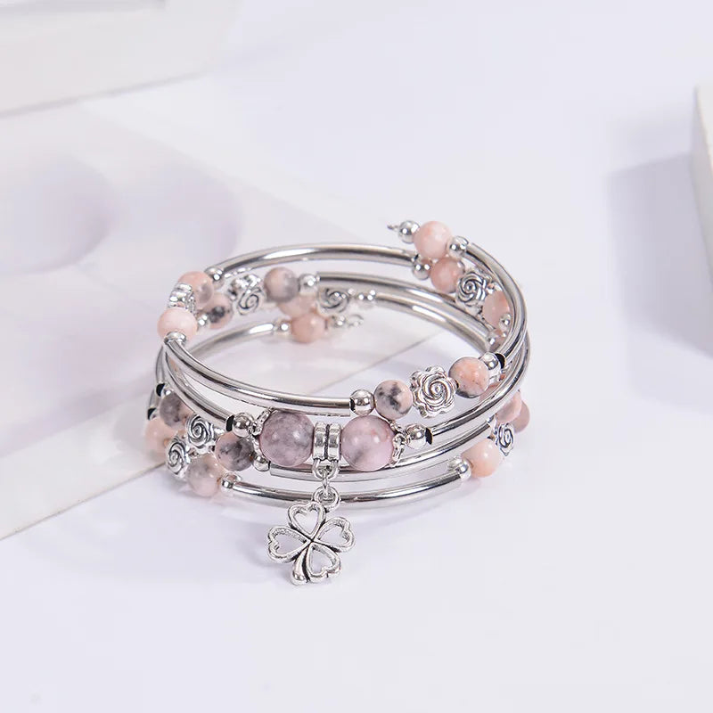 Fashion Multilayer Natural Stone Beaded Bracelet – 6MM/8MM Pink Zebra Stone with Flower Pendant | Handmade Wrap Jewelry for Women Marielle