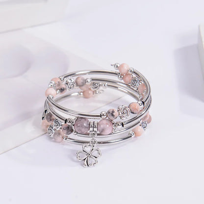 Fashion Multilayer Natural Stone Beaded Bracelet – 6MM/8MM Pink Zebra Stone with Flower Pendant | Handmade Wrap Jewelry for Women Marielle